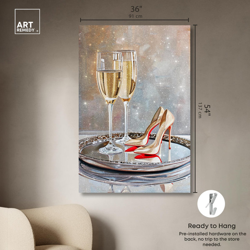 Illustration de mode sur toile avec talons et boissons classiques par , H 54 po x l 36 po, Toile tendue