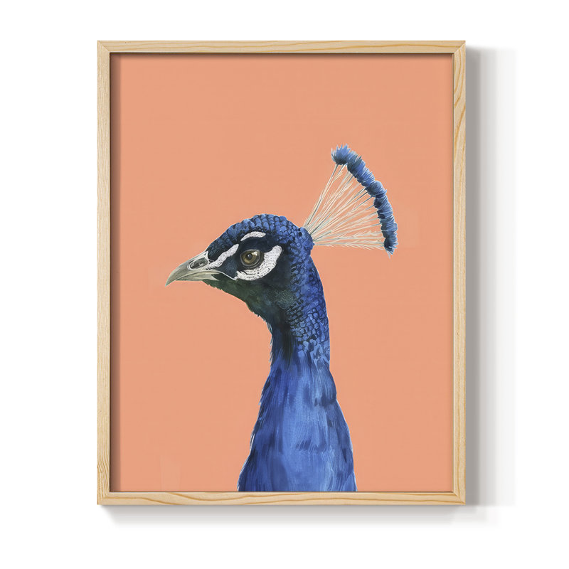 Peach Peacock Portrait II Framed Print - Solid Wood, Natural, 30" H x 24" W