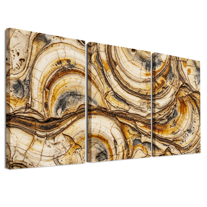 Ensemble de 3 toiles tourbillonnantes en bois pétrifié brun et crème, H 24 po x l 16 po x 3 pièces