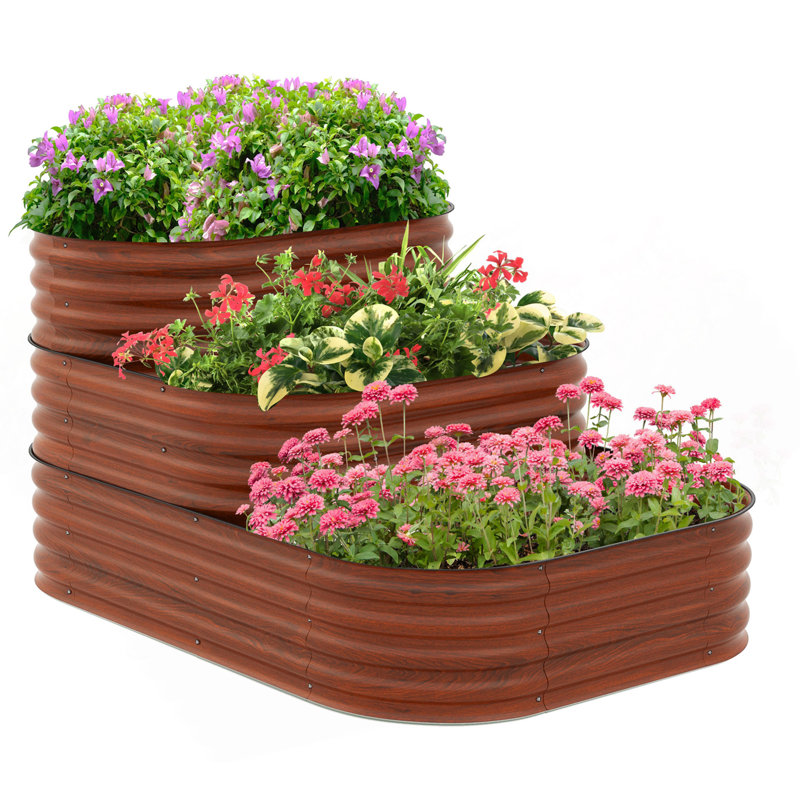 Outsunny 3-Tier Galvanized Steel Raised Garden Bed Kit, 62.25" X 43" X 32.25", 3 Combining Planter Boxes With Rubber Strip Edging, Open Bottom For Backyard, Garden, Patio, Brown