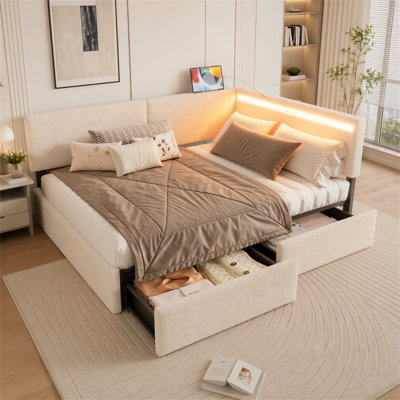 Cadre de lit rembourré avec tête de lit, 2 tiroirs de rangement, éclairage DEL et port USB, pieds en bois massif, sommier non nécessaire, tête de lit à droite (matelas non inclus)