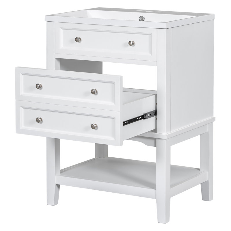 Meuble-lavabo 24 po avec lavabo, armoire de rangement avec tiroir et tablette ouverte, cadre en bois massif
