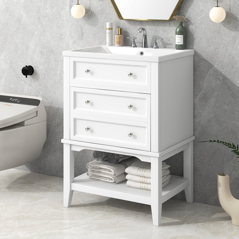 Meuble-lavabo 24 po avec lavabo, armoire de rangement avec tiroir et tablette ouverte, cadre en bois massif