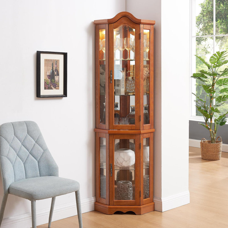 Curio Cabinet Lighted Glass Display Curio Cabinet W/Tempered Glass Doors And Shelves, Crown Corner Cabinet With Bulb, Corner Storage Decoration For Living Room And Bedroom OAK