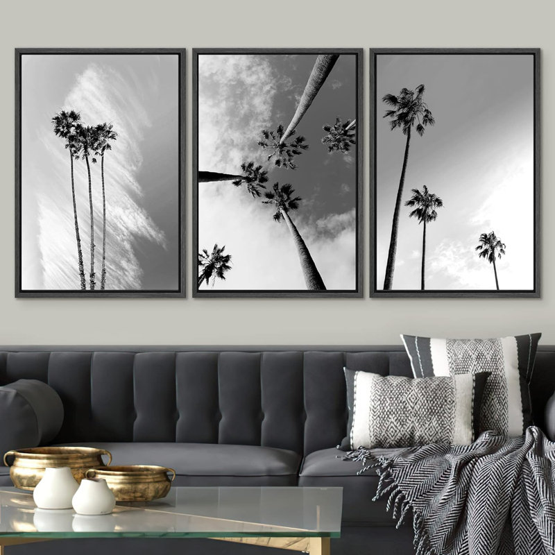 «Black and White Tropical Palm Tree Coastal», reproduction d'art encadrée sur toile 3 pièces, H 36 po x l 72 po, Noir
