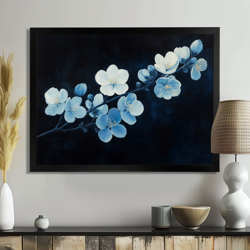 Décoration murale encadrée Fleurs de cerisier - Bleu nuit, H 24 po x l 32 po, Cadre photo noir