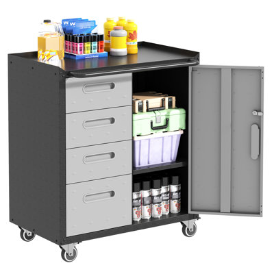 Heavy-duty Metal Cabinet For Garage, Office & Home. 16.73"d X 34.63"h. Lockable Wheels, Raised Top, 4 Drawers. Black/gray Garage Storage - Office, Home, Garage. 34.63"h, Side