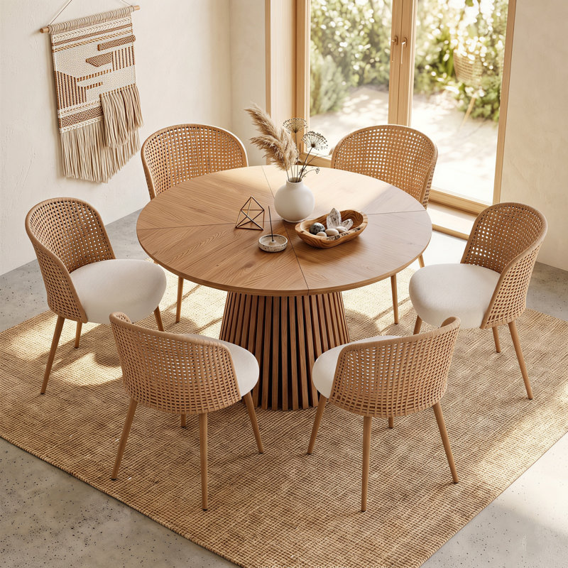 Ensemble de salle à manger rond de 7 pièces avec table sur pied et chaises rembourrées en rotin, 7 pièces : table, 6 chaises