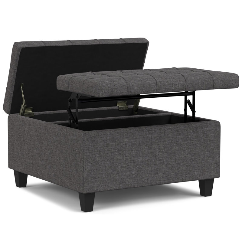 Repose-pieds carré avec rangement caché Harrison, Tissu aspect lin gris foncé