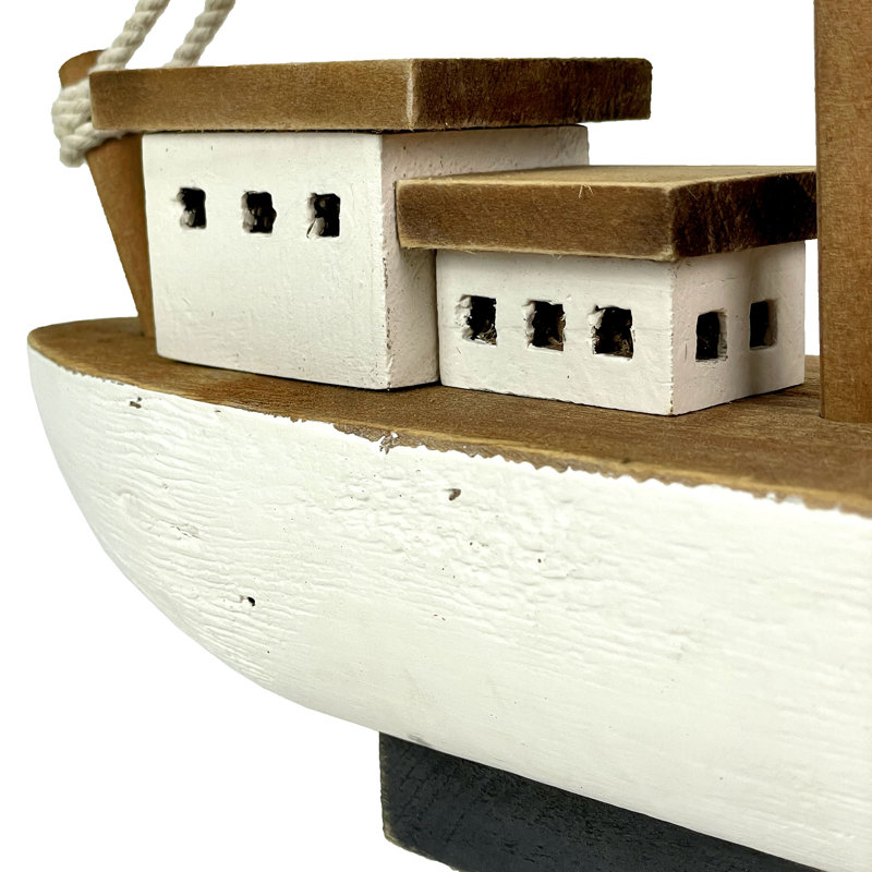 Statue de bateau de pêche côtière en bois, blanche et naturelle avec un gréement de corde, 13,5 pouces de large
