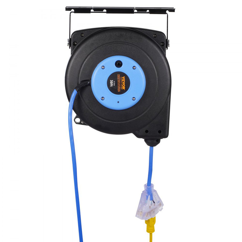 Retractable Extension Cord Reel Power Cord Reel 30FT 16AWG/3C SJTOW, Blue/Black