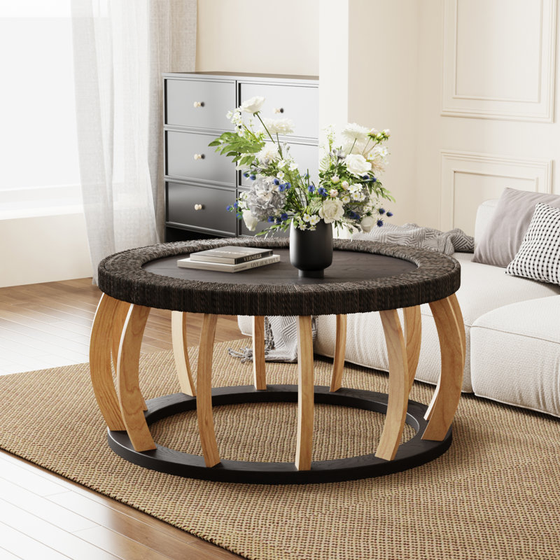 Table basse ronde ronde en bois massif de 35,43 po avec pieds courbés et table d'appoint Boho pour la salle à manger, la cuisine et le salon
