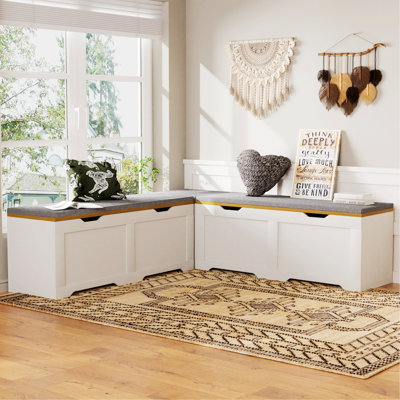 Banc de rangement multifonctionnel en forme de L 3 pièces avec coussin, servant de banc de coin de cuisine, de boîte de rangement pour jouets ou de siège de coin lecture., Blanc et naturel, P 63 po x l 63 po x H 19,1 po