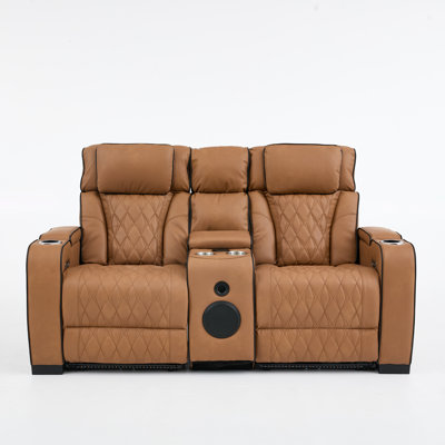Power Reclining Loveseat with LED Lights, 2-Seater Electric Recliner Sofa with Cup Holders, Storage Console, Diamond Stitching and Padded Armrests, Faux Leather Home Theater Seating