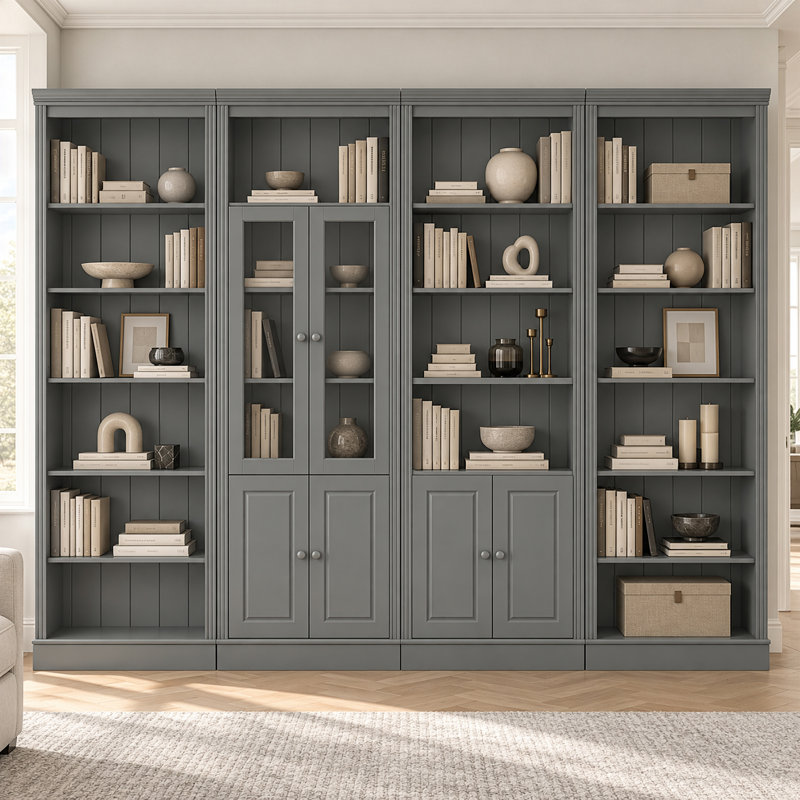 Fieldway 223cm H x 370cm W Bookcase, Grey/Lacquer