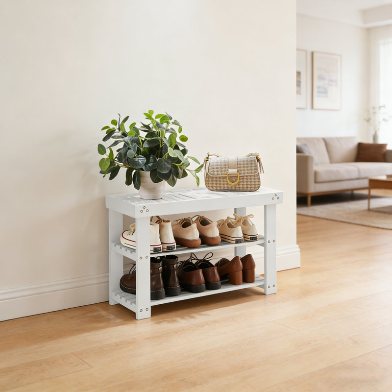 Bamboo Shoe Bench With 3-Tier Storage, White