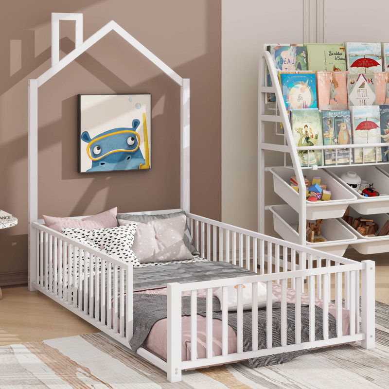 Lit plateforme robuste en métal avec barrière de sécurité pour plus de sécurité, Lit simple, Blanc