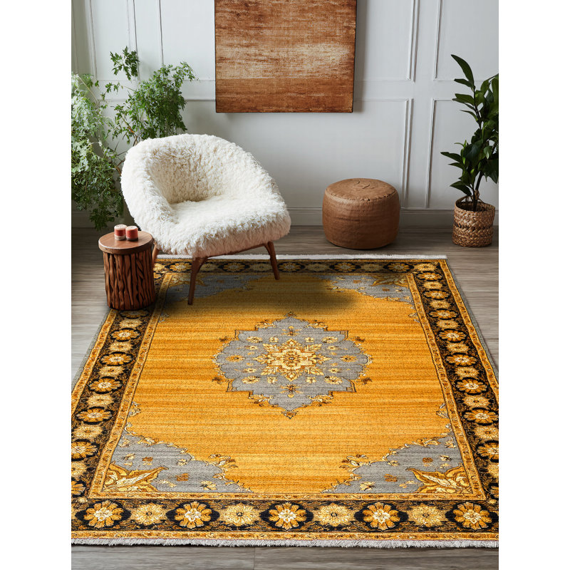 Girvin Yellow Gray Oriental Machine Printed Cotton Polyester Area Rug, Rectangle 5'3" x 6'7"