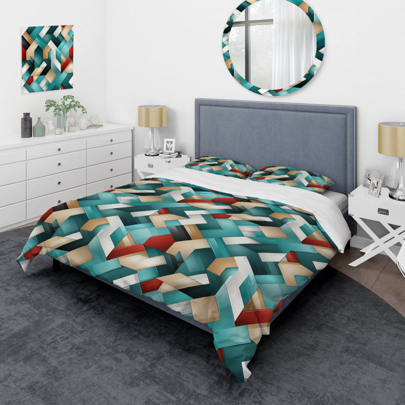 Ensemble de housse de couette Teal Modern Geometric Tiles III - Geometric, Housse de couette pour très grand lit et 2 très