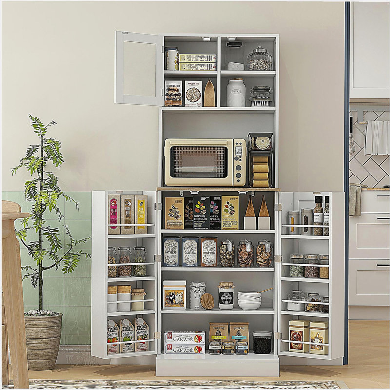 HOMCOM 66.5" Pantry Cabinet with Microwave Stand, Freestanding Kitchen Storage Cabinet with Hutch, 8 Door Shelves, Adjustable Shelves, Food Pantry Cabinet for Dining Room, White