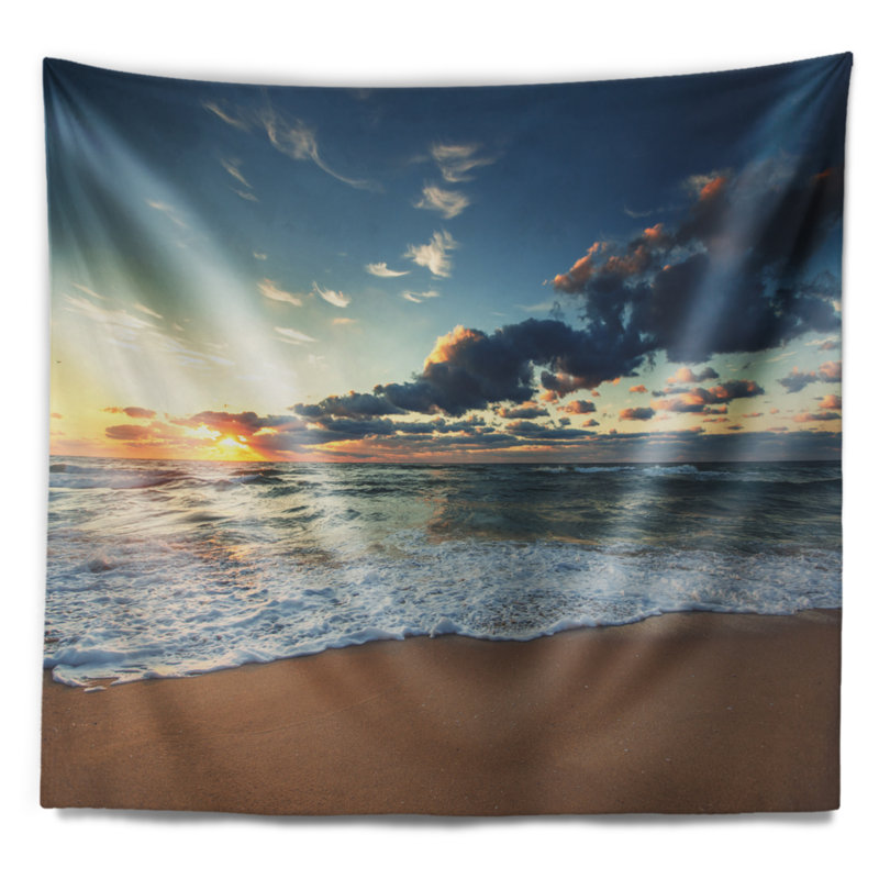 Lever de soleil marin et vagues brillantes dans la tapisserie de l'océan, H 68 po x l 80 po