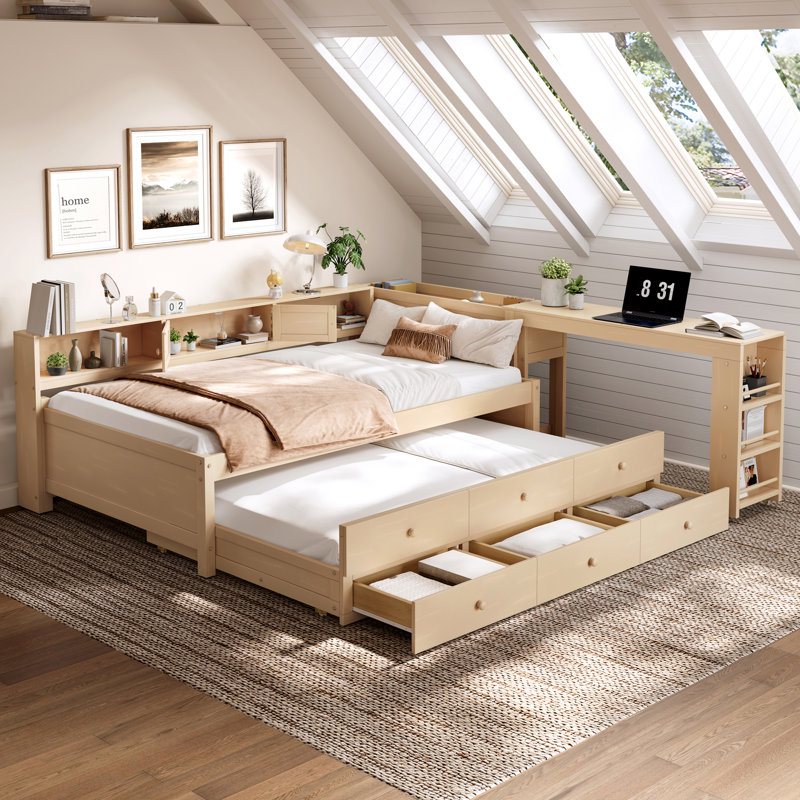 Twin Size Daybed With Trundle,Wood Daybed Frame With Storage Drawers,Side Shelves And Desk,Golden., Twin, Golden