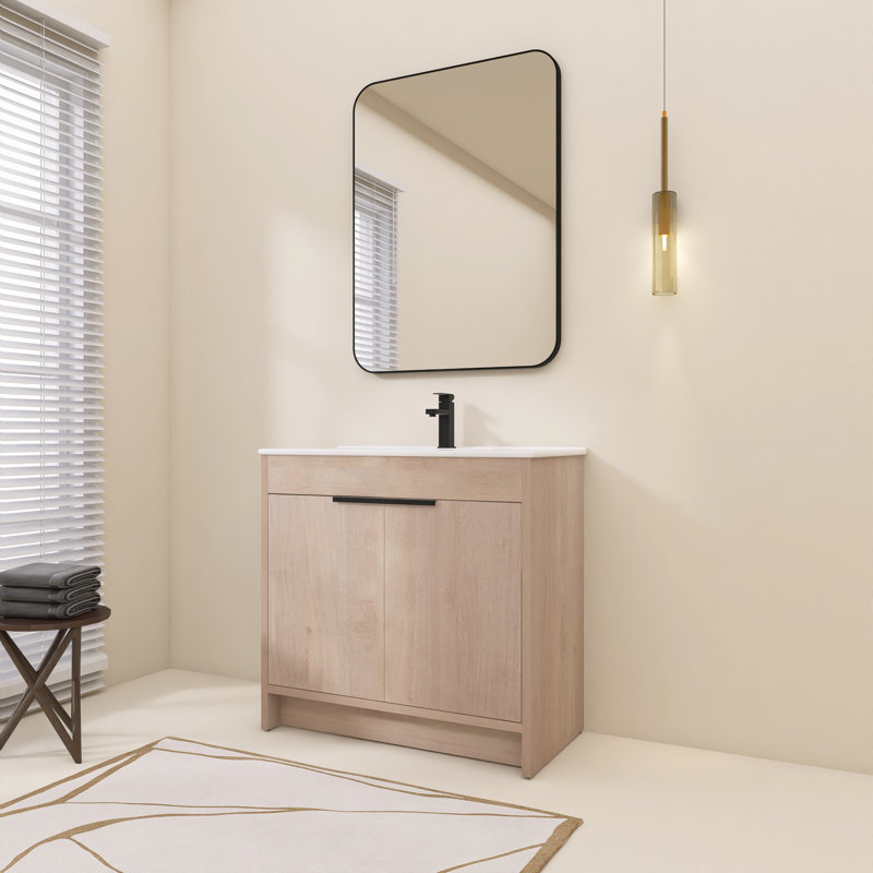 Meuble-lavabo autoportant 36 po avec lavabo en céramique blanche et 2 portes d'armoire à fermeture en douceur, Plaine légère 
