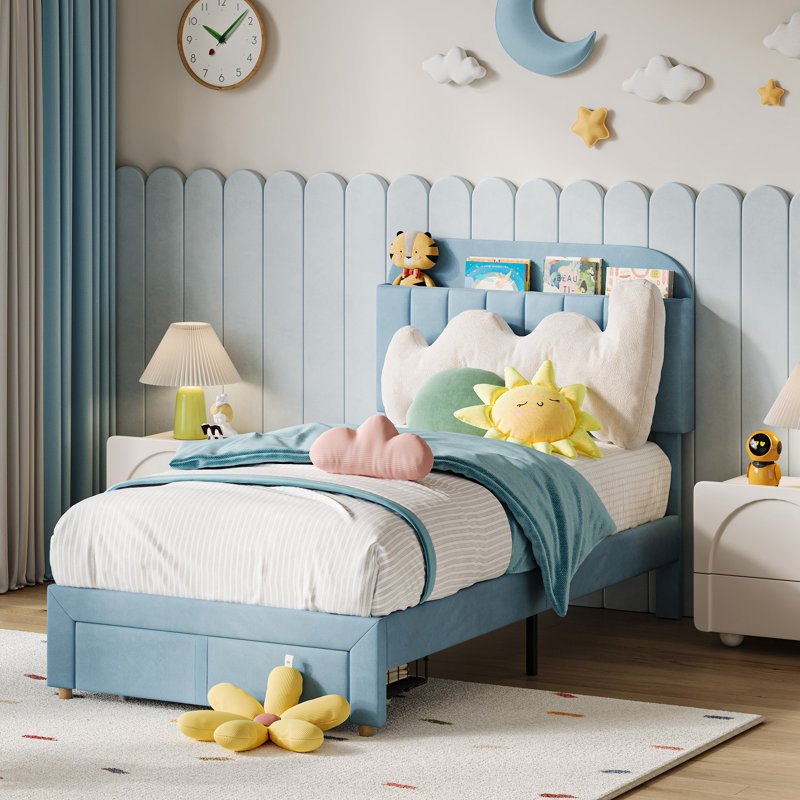 Twin Size Bed Frames With Storage Headboard, Velvet Upholstered Platform Bed Frame With Strong Wooden Slats, Blue
