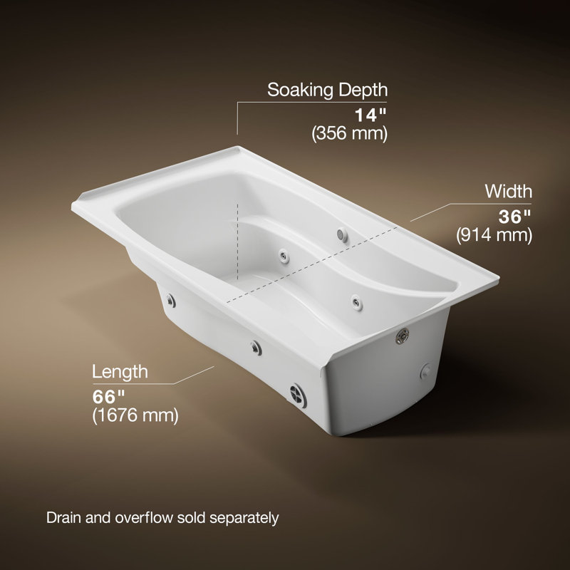 Mariposa 66" x 35.875" Alcove Whirlpool Bathtub with Heater, White, Right