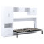 Lit simple peu encombrant en blanc avec rangement fonctionnel - tablettes ouvertes, tiroirs, garde-robe encastrée et bureau