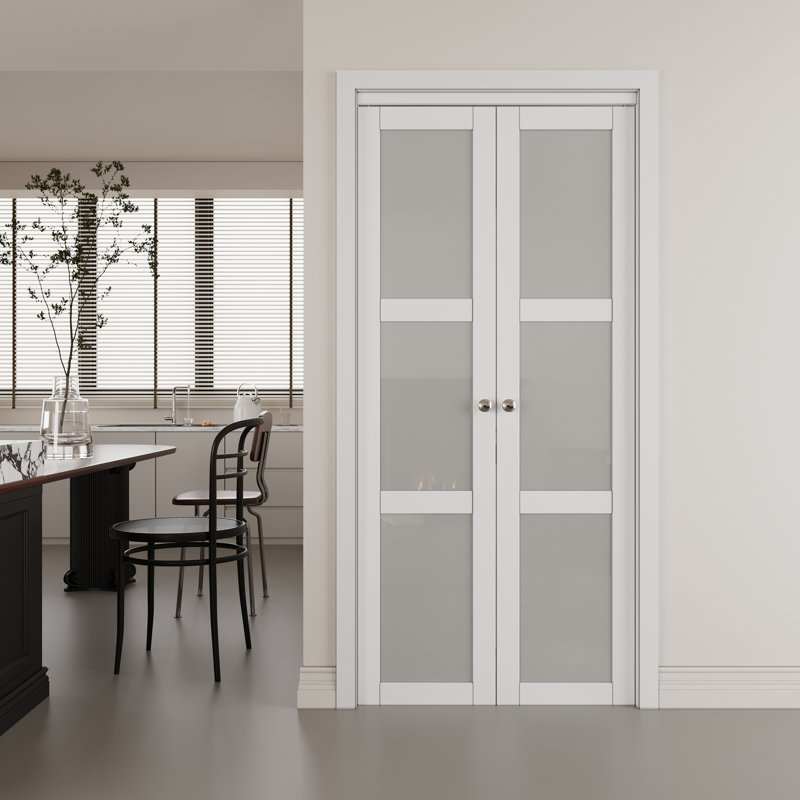 36 in. x 80 in. White Frosted Glass Solid Core MDF Bi-Fold Door