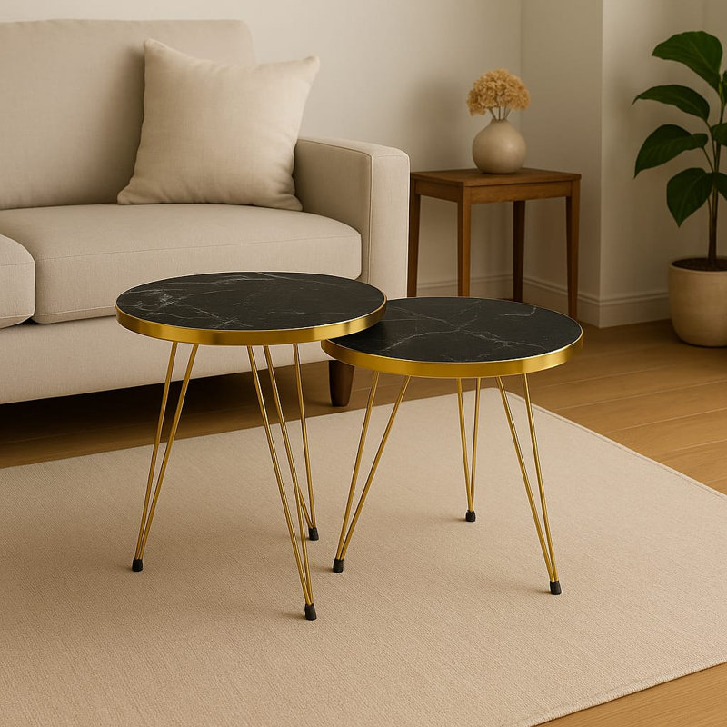 Ensemble de tables basses gigognes 2 pièces Marble-Look, Marbre noir