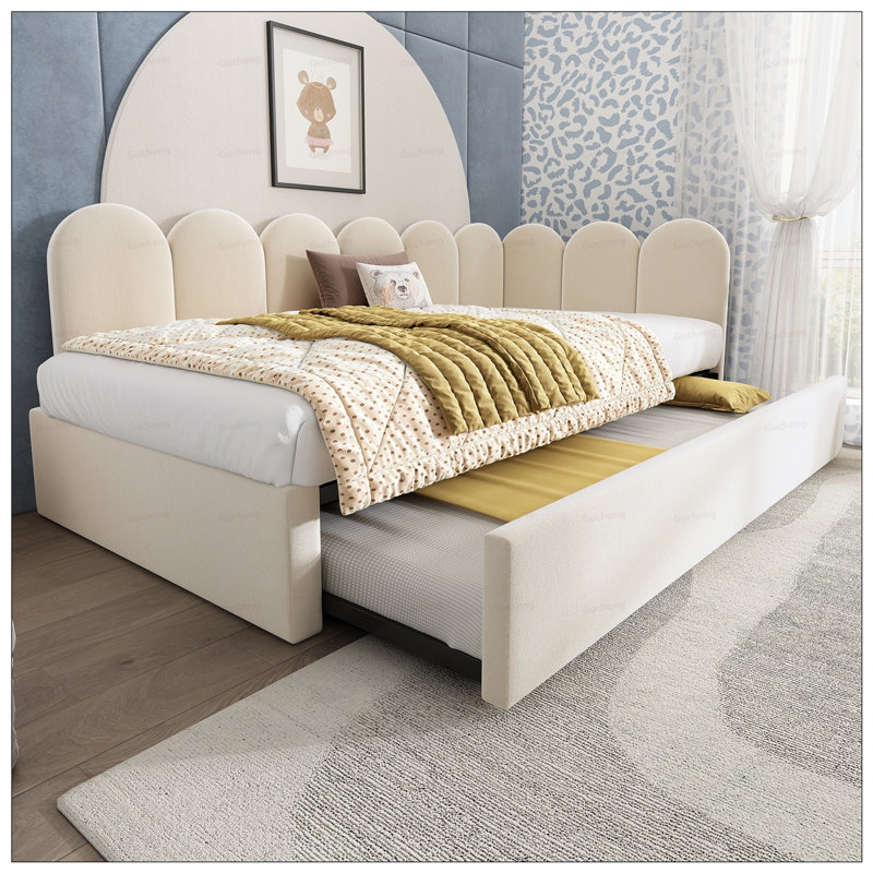 Upholstered Velvet Daybed with Pull-Out Bed, Twin Size, Space-Saving Design for Small Rooms and Guest Use, Beige