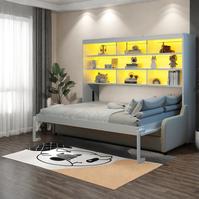 Grand lit escamotable moderne avec rangement, bois et bois aggloméré, pour espaces compacts
