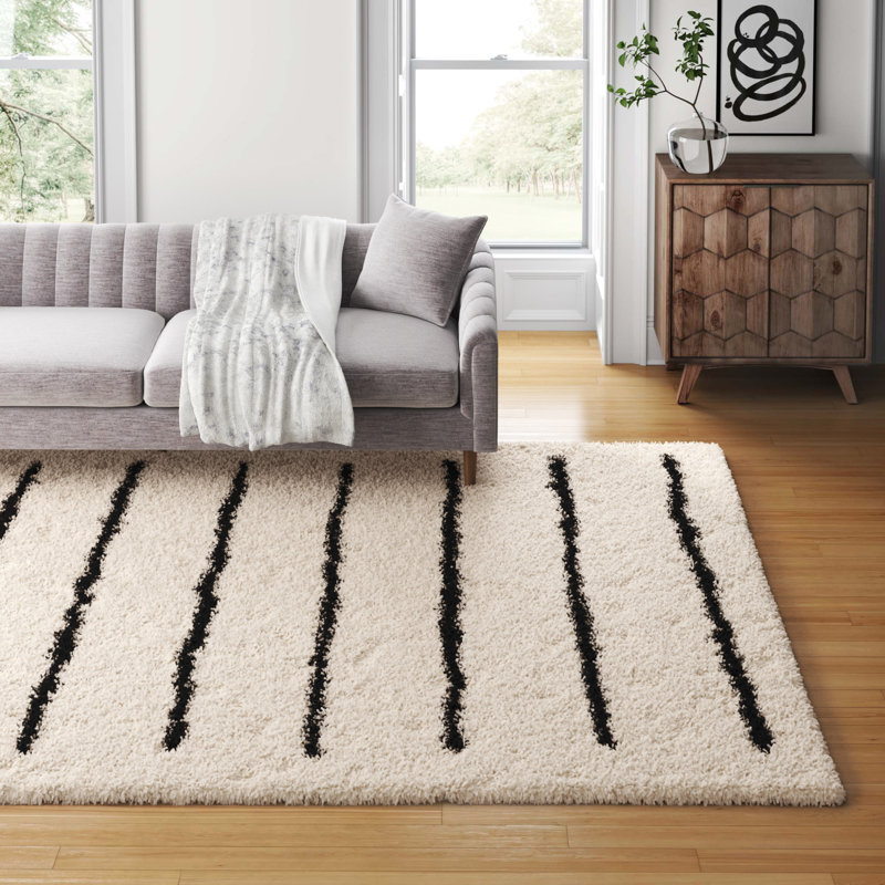 Chandless Striped Ivory/Black Area Rug, Rectangle 5'3" x 7'6"