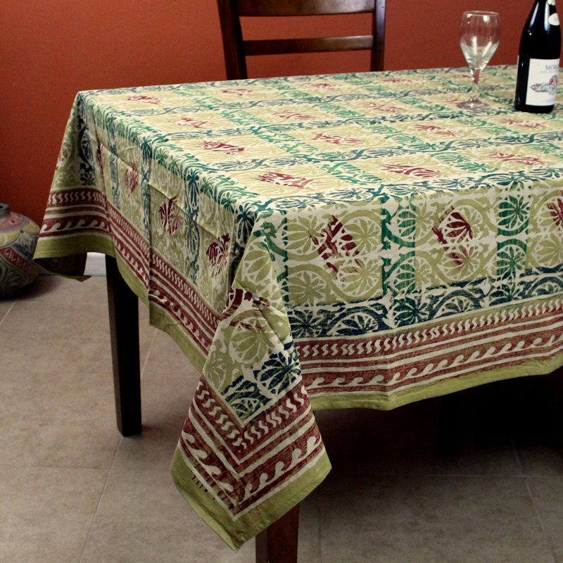 Hand Block Print Cotton Floral Tablecloth 60 X 90 In Rectangle Beige Green, 70" W x 104" L