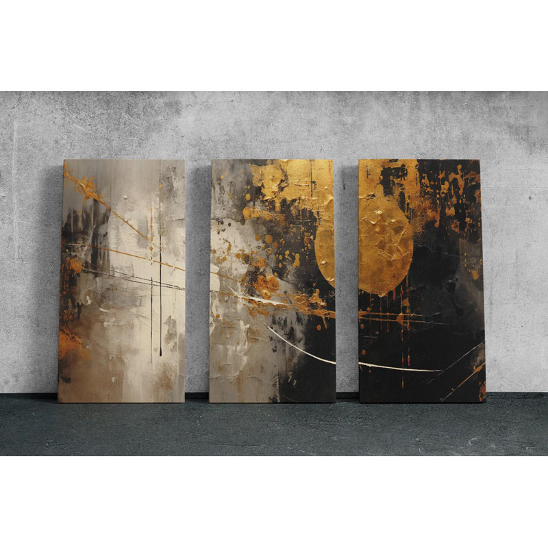 «Triptych», art mural sur toile triptyque abstrait doré et noir - peinture texturée moderne - grande décoration élégante, reproduction de peinture