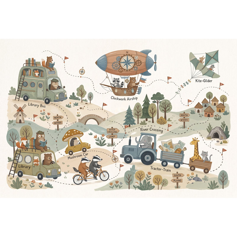 Papier peint carte fantaisiste, livre de contes, animaux des bois, Texturé non collé, 160 po x 108 po