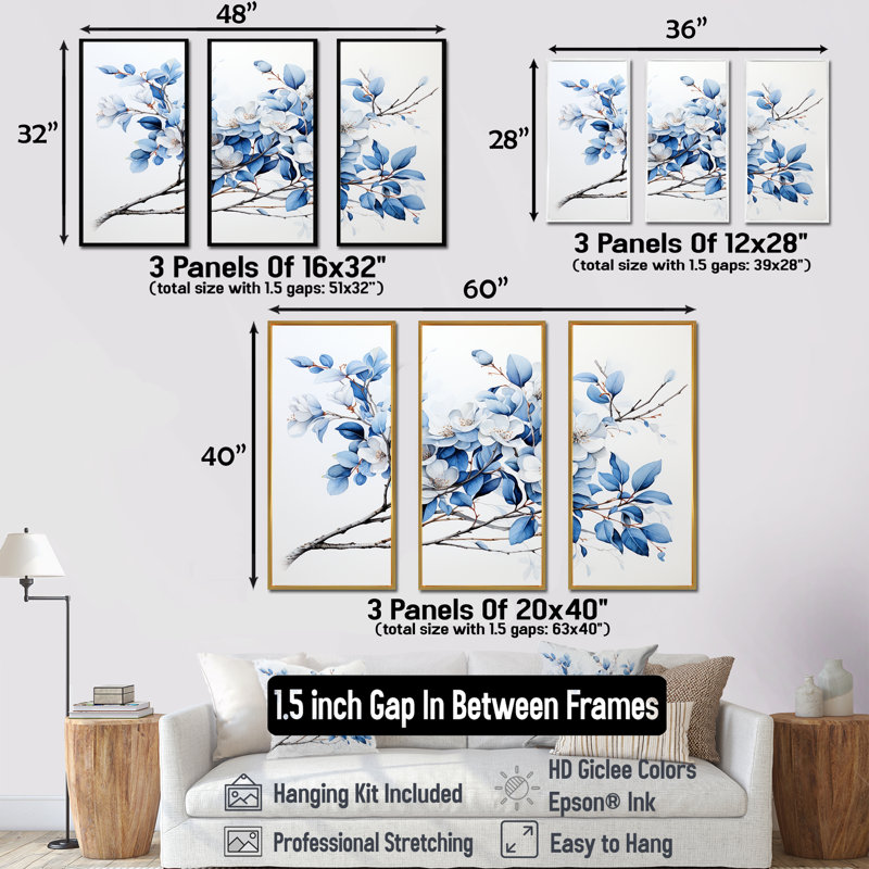 «Blue and Gray Leaves II», ensemble de reproductions d'art mural, Cadre flottant blanc, H 32 po x l 48 po x P 1 po
