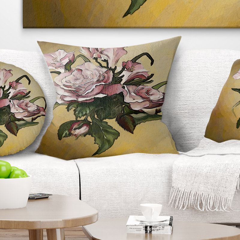 Pink Rose with Leaves Watercolor - Floral Printed Pillow, 16" x 16", Throw Pillow