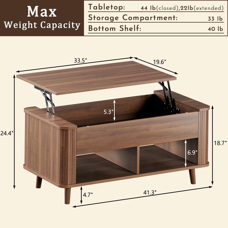 Table basse à plateau relevable de 41 po avec rangement dissimulé, Brun