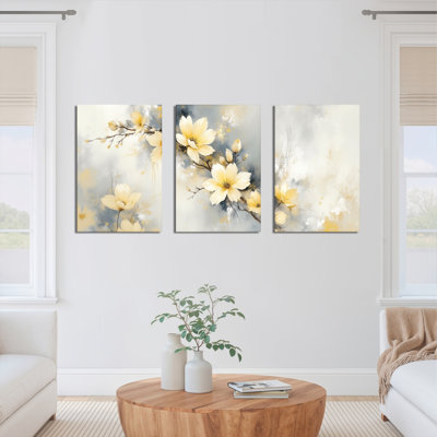 Elegant Yellow Floral Abstract Canvas Wrapped Wall Art (Set of 3)