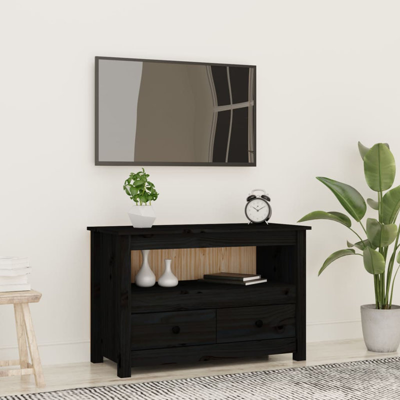 TV Cabinet Solid Pine Wood Large TV Cabinet Rectangular, Black, 20.5"H x 31.1"L x 13.8"W
