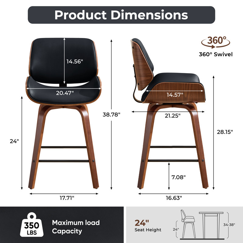 Tabouret de comptoir pivotant 24 po, Noir