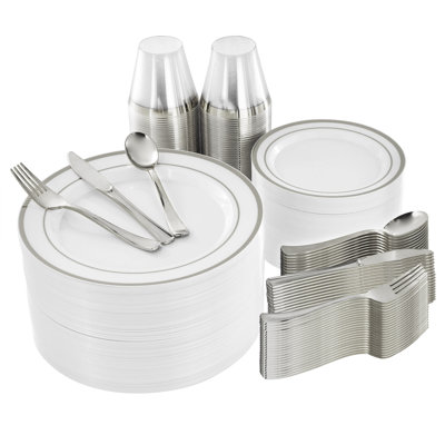  600 Piece Disposable Plastic Dinnerware Party Set for 100 Guests in White with Silver Trim