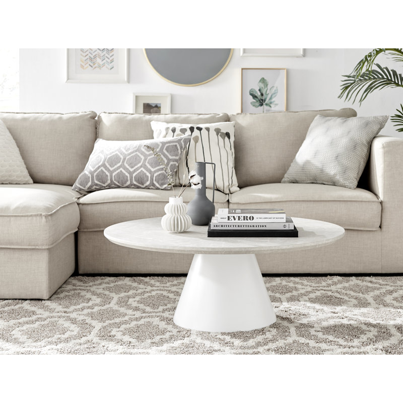 Palm Luxury Pedestal Round Coffee Table, Beige Stone Top/White Base