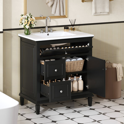 Meuble-lavabo 30 po avec lavabo, meuble-lavabo avec un tiroir rabattable et deux tiroirs, tablette réglable, bois massif et panneau de fibres à densité moyenne, noir