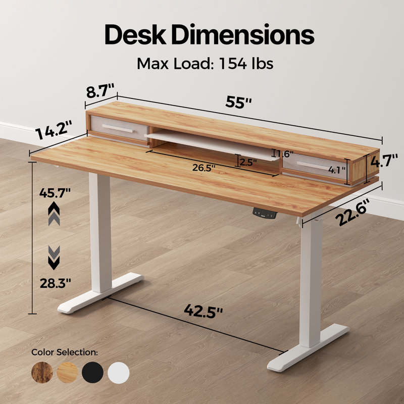 55" Electric Standing Desk With Drawers, Height Adjustable Desk With Retractable Storage Shelf, Stand Up Home Office Computer Table