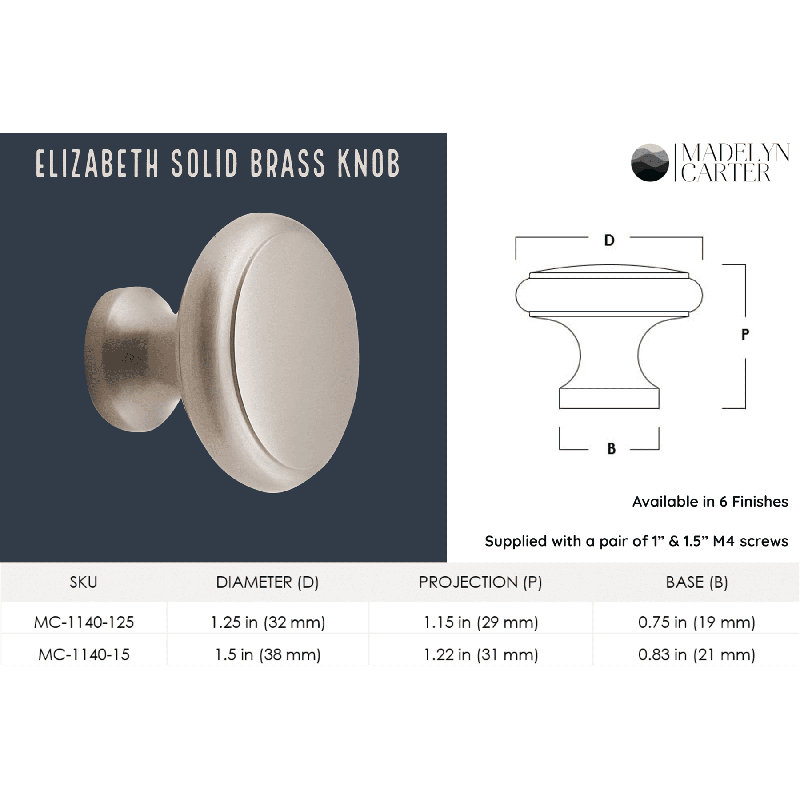 Madelyn Carter Elizabeth Solid Brass Cabinet Knob, 1.25", Black