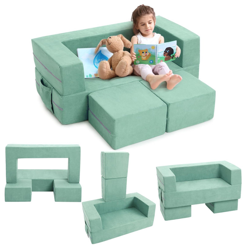 Canapé modulaire pour tout-petits 3 pièces, canapé pour tout-petits pour jouer, Similicuir vert